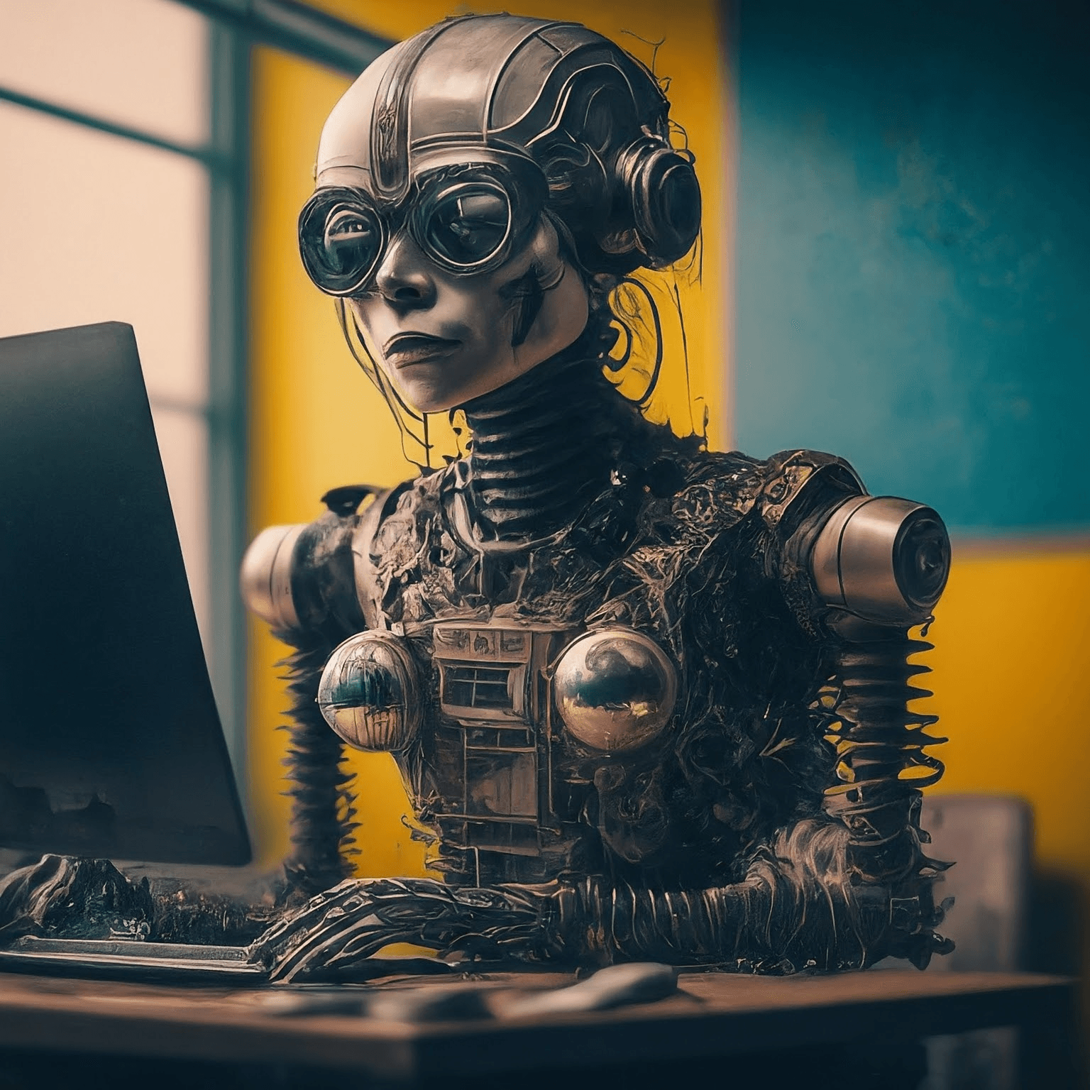 Kvinnlig robot sitter framför dator och jobbar