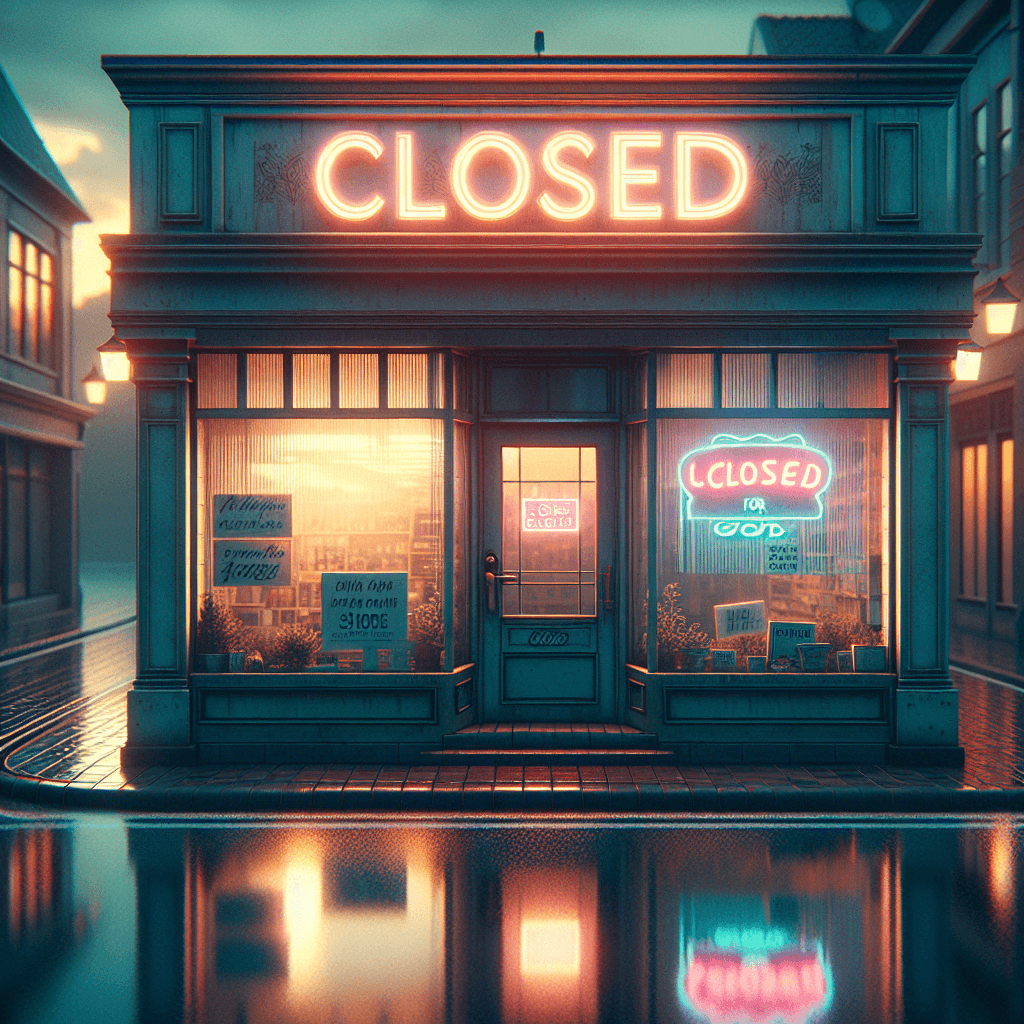 En dunkel bild som visar en butik med neonskyltar där det står "CLOSED"