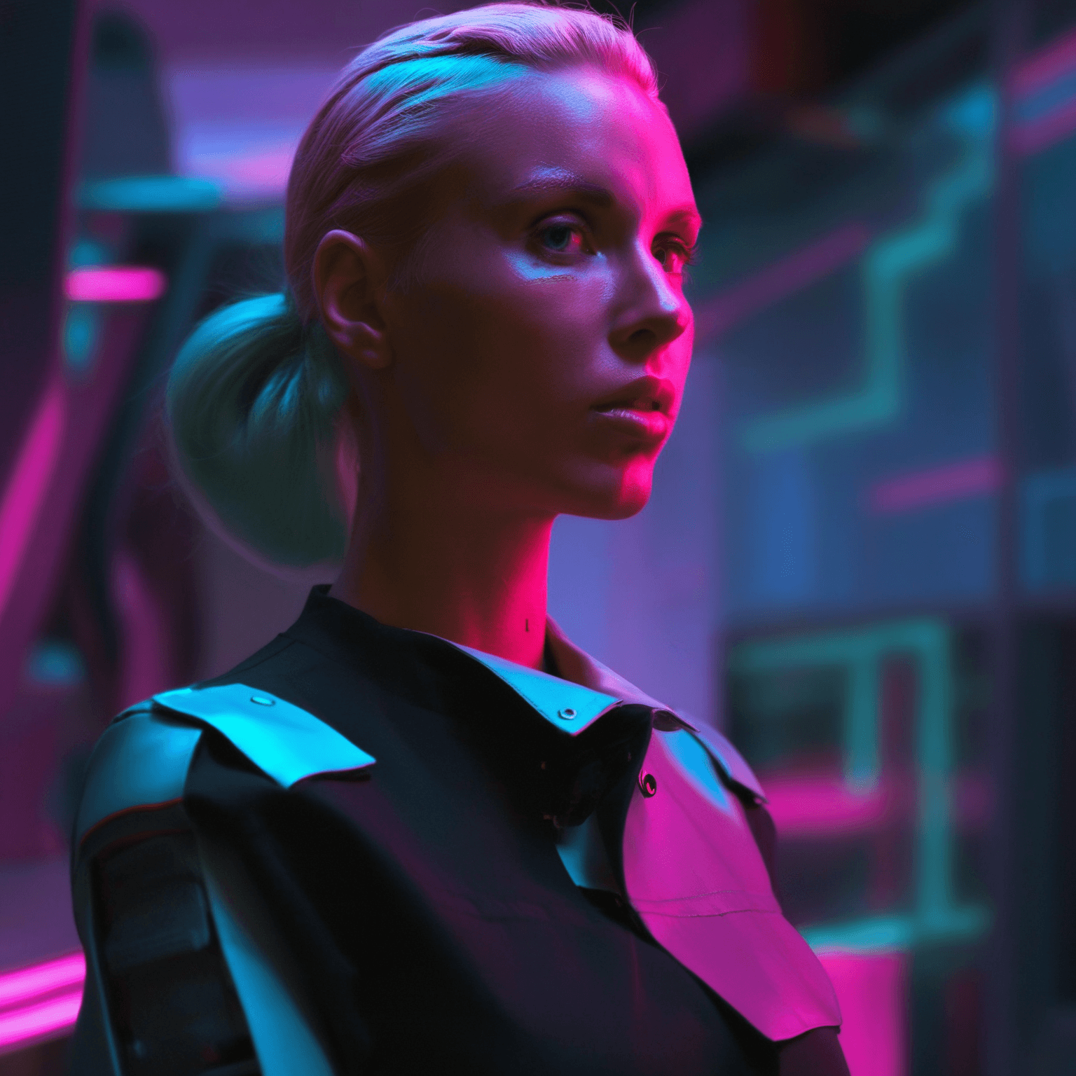 En blond futuristisk kvinna upplyst i rosa, blått och grönt ljus