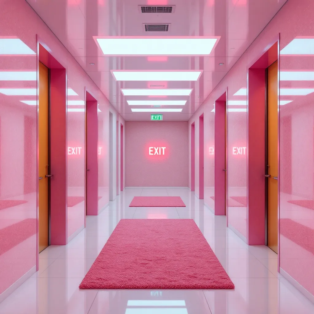 En rosa korridor med rosa mattor på golvet och orangea dörrar på vardera sidor om korridoren. Längst bort på väggen står det EXIT med neonbokstäver i rosa.